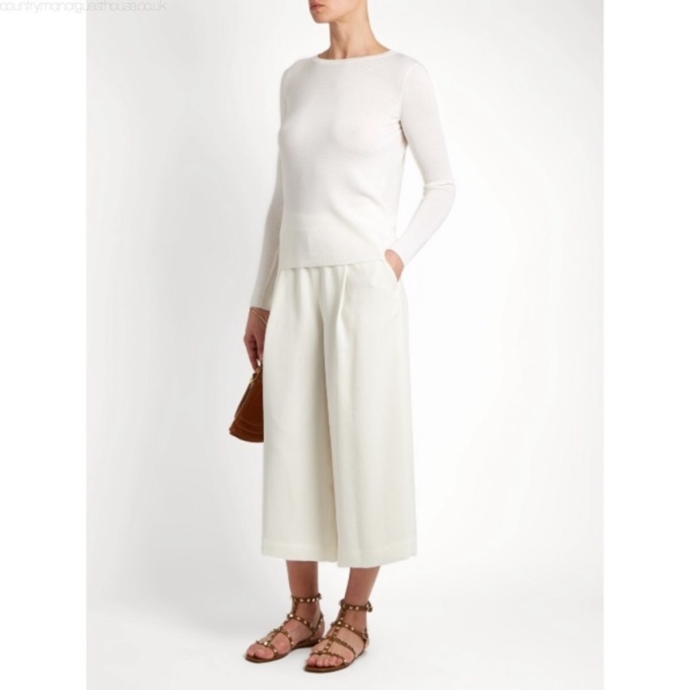 White linen wide leg cropped trousers